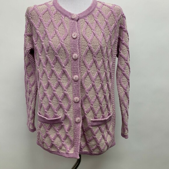 Aran Crafts Cardigan Sweater XS S M L Lavender Purple 100% Merino Wool Ireland - Picture 1 of 9